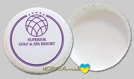 Изготовление картонных крышек с логотипом Харьков на чашку стакан для компании Golf & SPA Resort, диаметр - 83 мм, цвета нанесения - бордовый, город Харьков