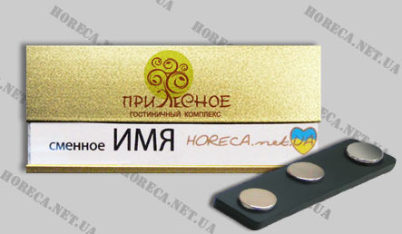 Бейджик магнитный металлический для работников гостиничного комплекса Прилесное, город Донецк