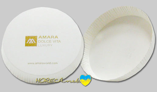 Изготовление брендированных картонных крышек с логотипом для компании Amara Dolce Vita, диаметр - 75 мм, цвета нанесения - золотой.